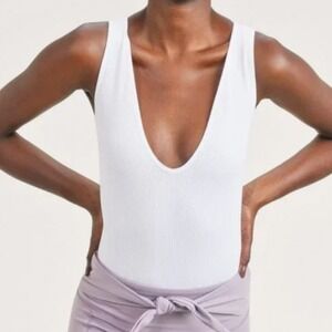 NEW Mono B Anthropologie Thong Bodysuit Ribbed Grey Medium